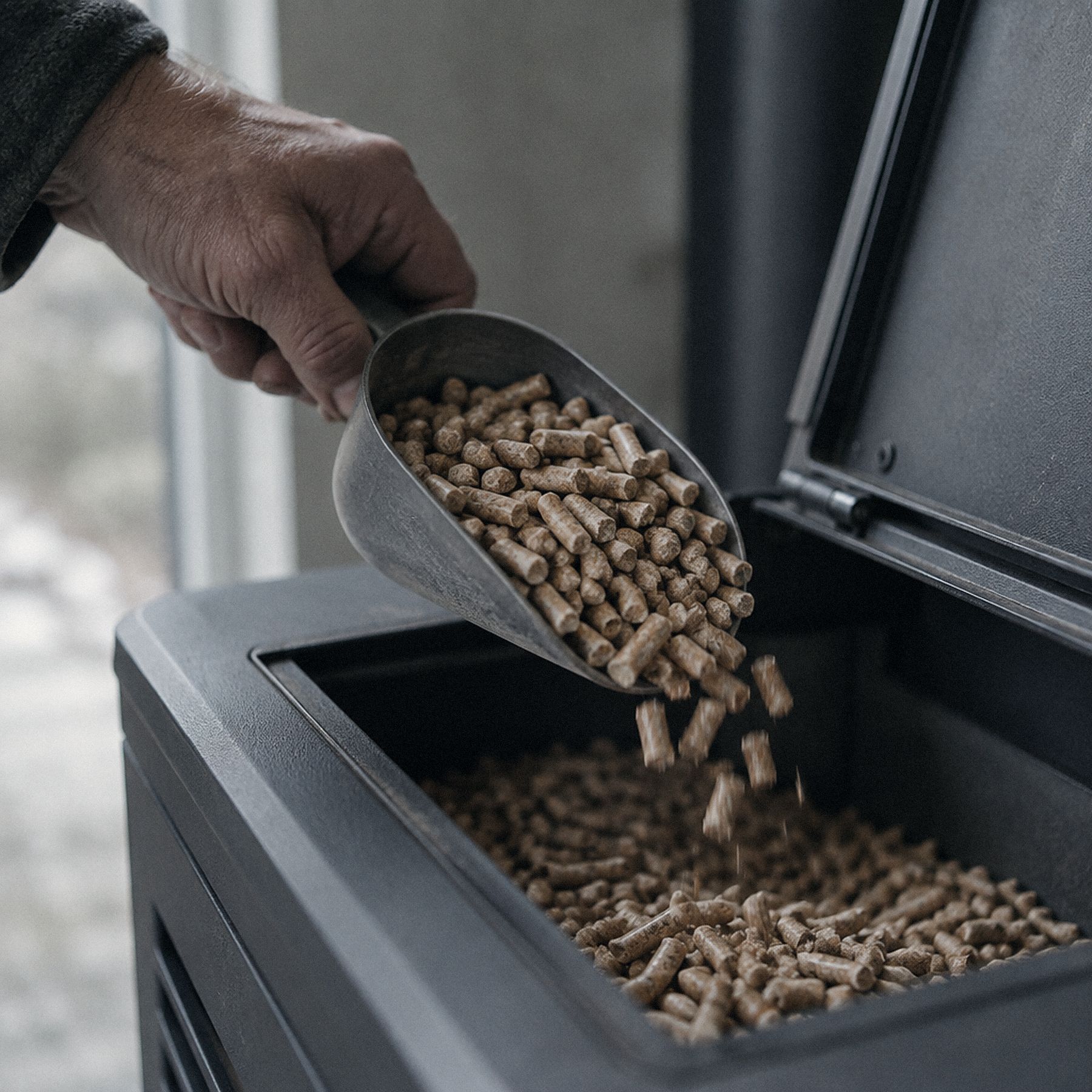 Main versant une pelle de granulés de bois dans le réservoir d'un poêle