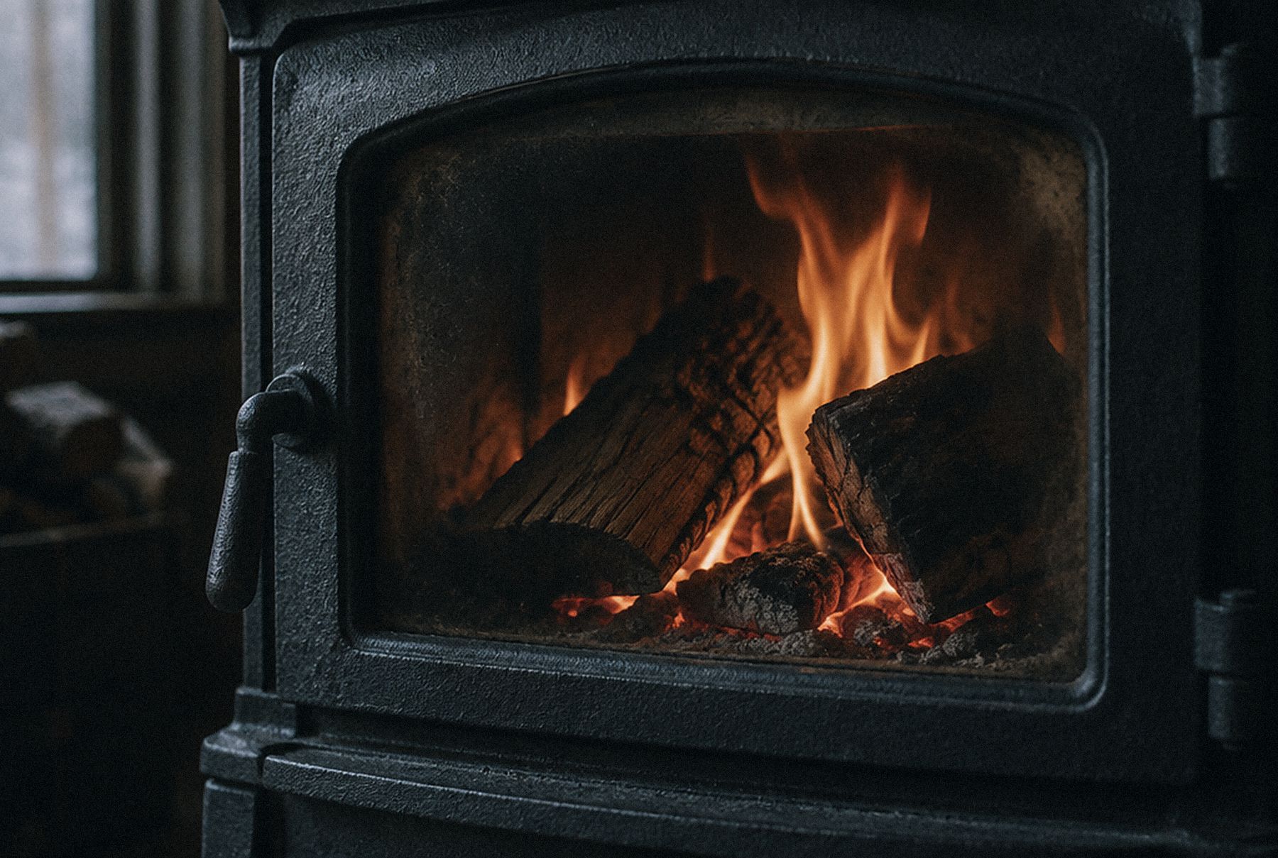 Porte en fonte d'un poêle à bois, flammes et braises derrière la vitre