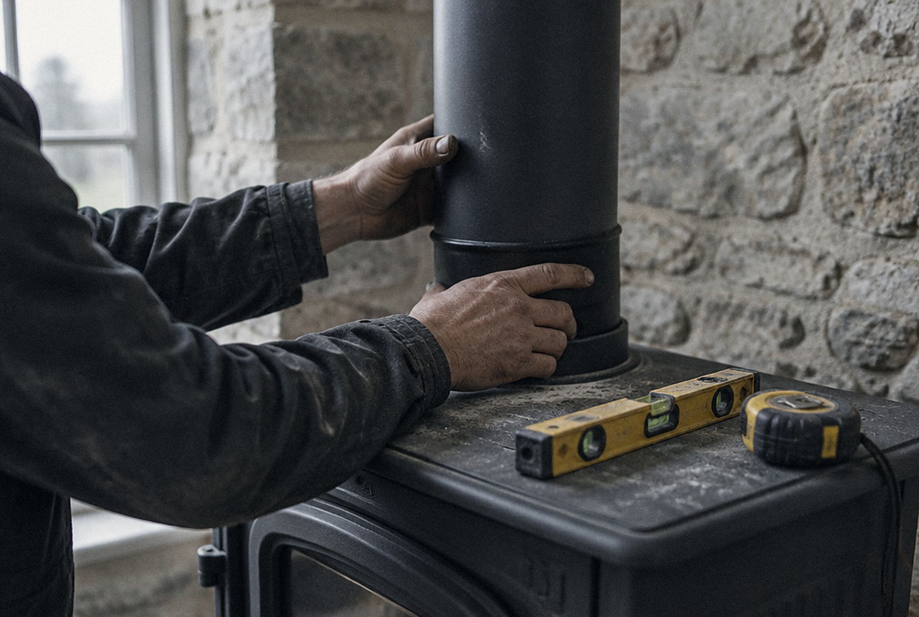 Mains d'un installateur emboîtant un tuyau de raccordement sur un poêle, niveau et mètre posés à côté