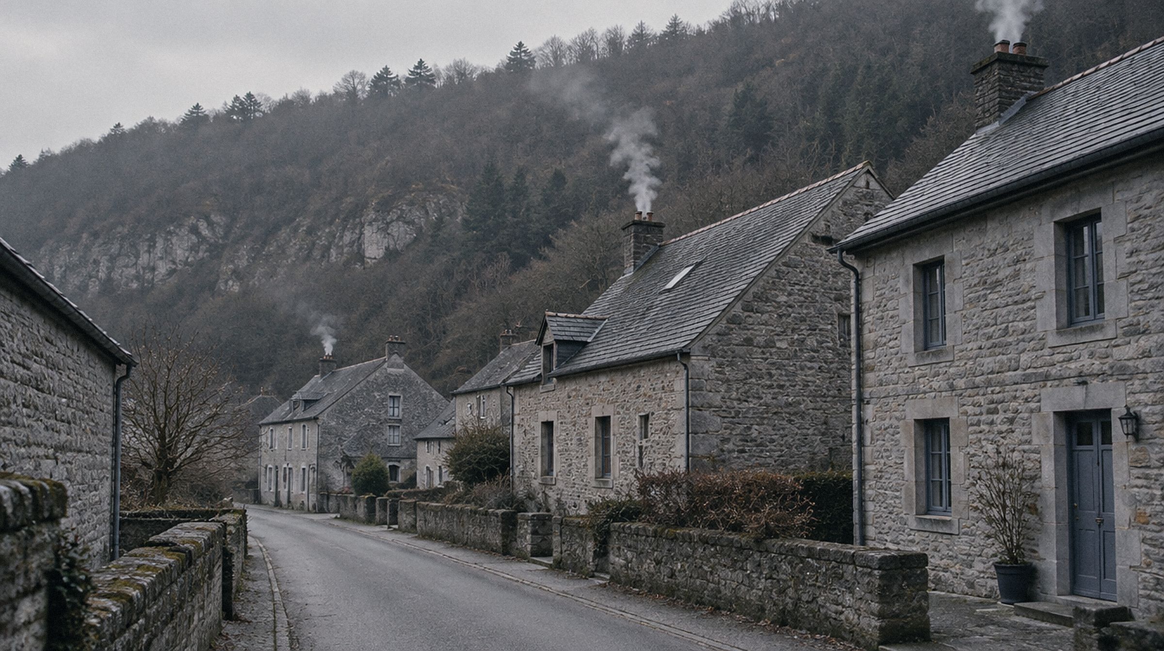 Rue de maisons en pierre grise d'un village de la Haute-Meuse, fumée de cheminée un matin d'hiver