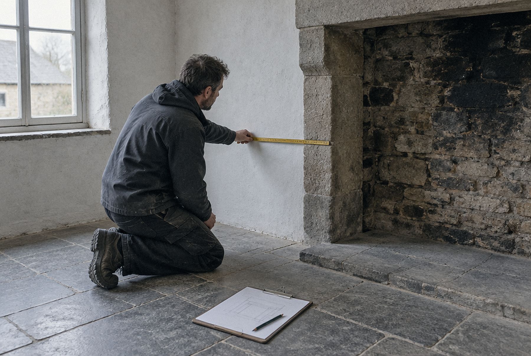 Technicien mesurant au mètre pliant la distance entre un mur et un ancien foyer
