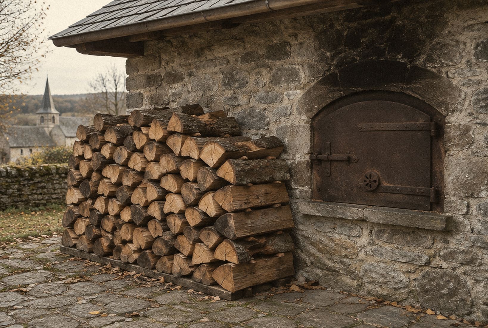 Bûches de chêne et de hêtre empilées contre le mur en pierre, à côté de la porte en fonte du four