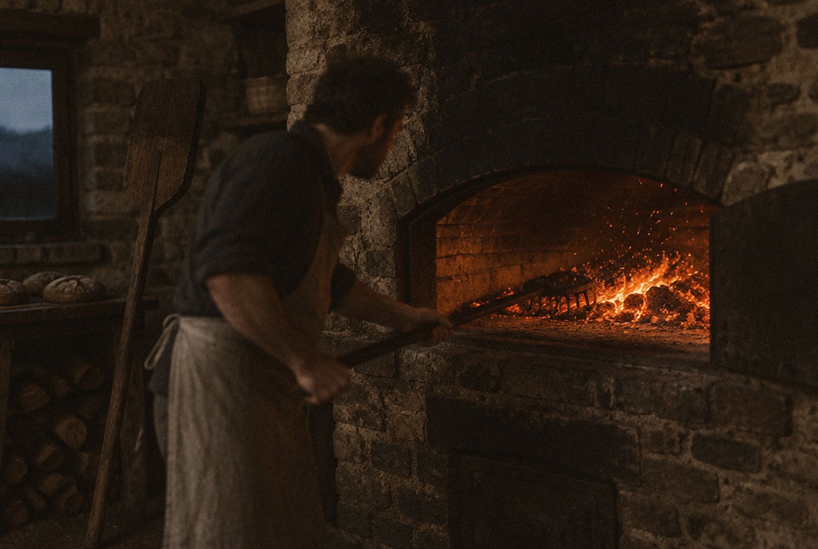 Le boulanger tire les braises hors du four avec un râble en fer, étincelles dans la voûte