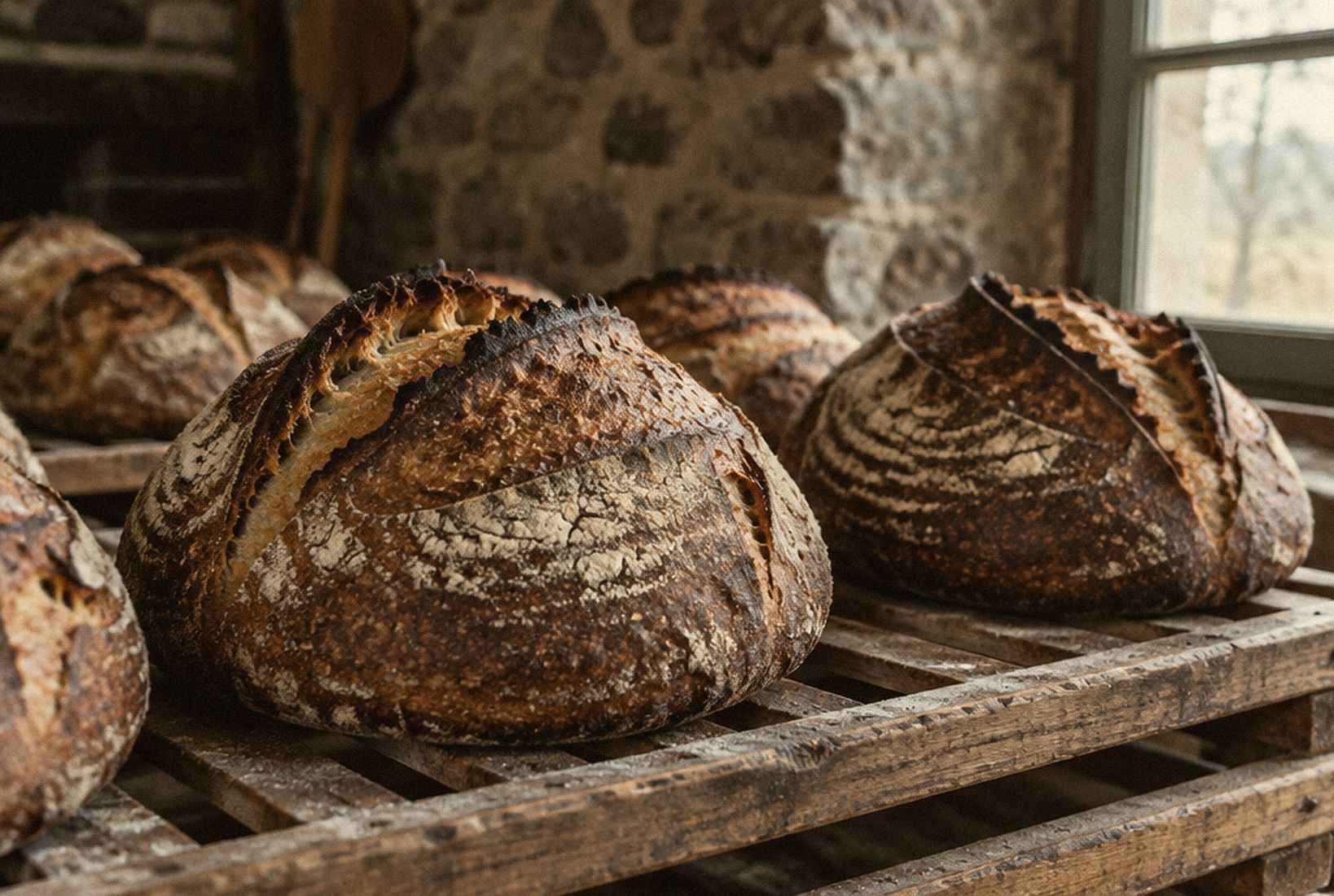 Pains au levain à la croûte sombre qui refroidissent sur des claies en bois