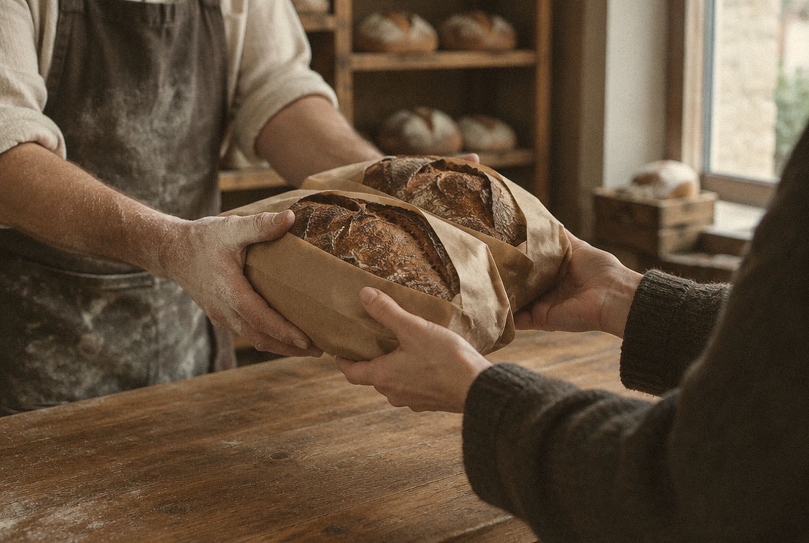 Au comptoir, deux pains emballés dans du papier kraft passent des mains du boulanger à celles d’un client