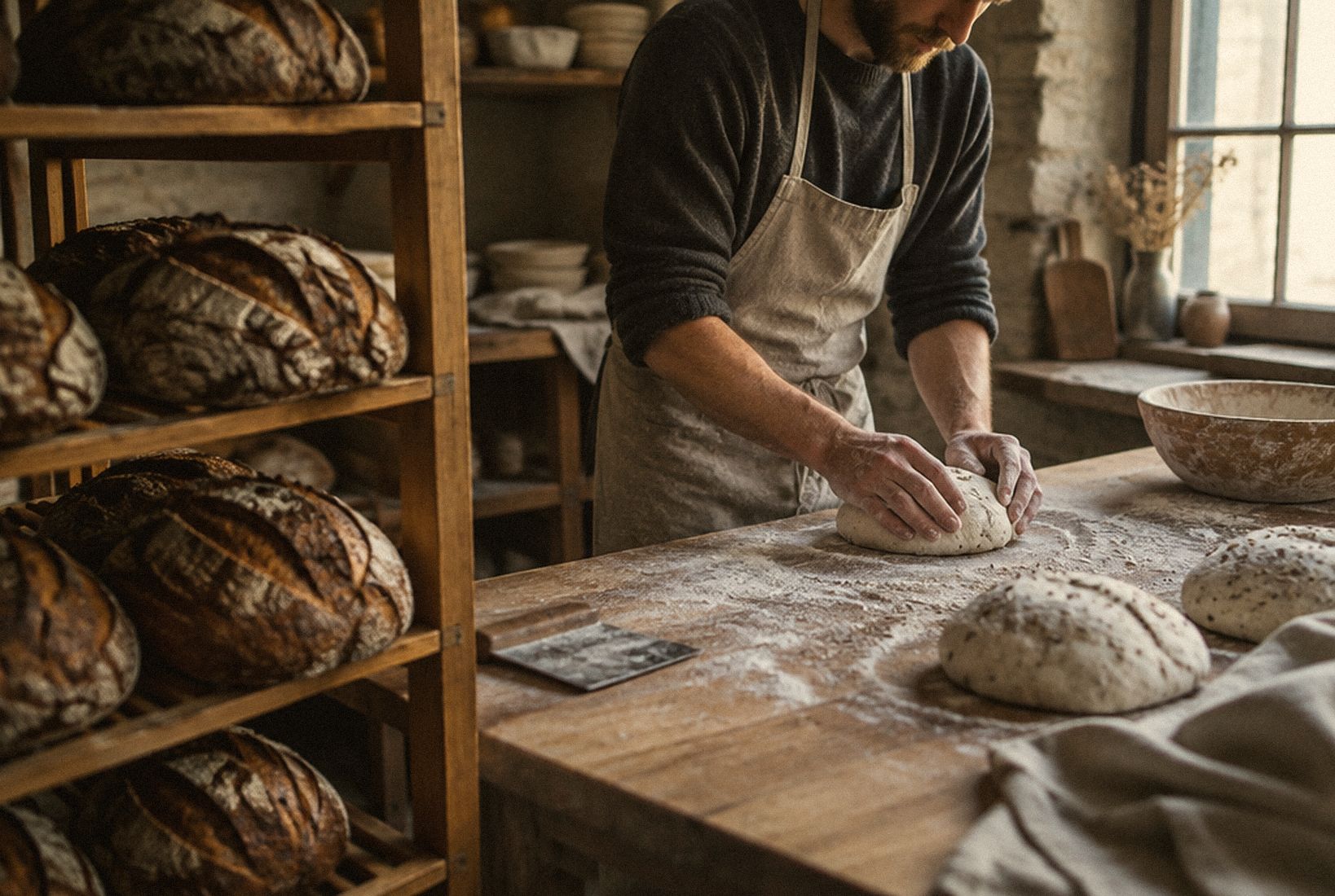 Le boulanger façonne une boule de pâte sur la table farinée, des pains cuits sur les claies à gauche