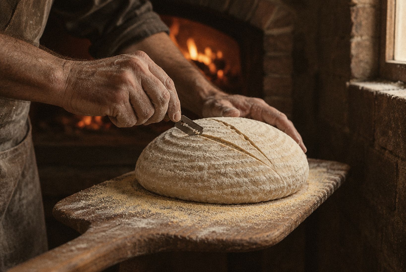 Les mains du boulanger incisent une boule de pâte posée sur la pelle, devant la bouche du four