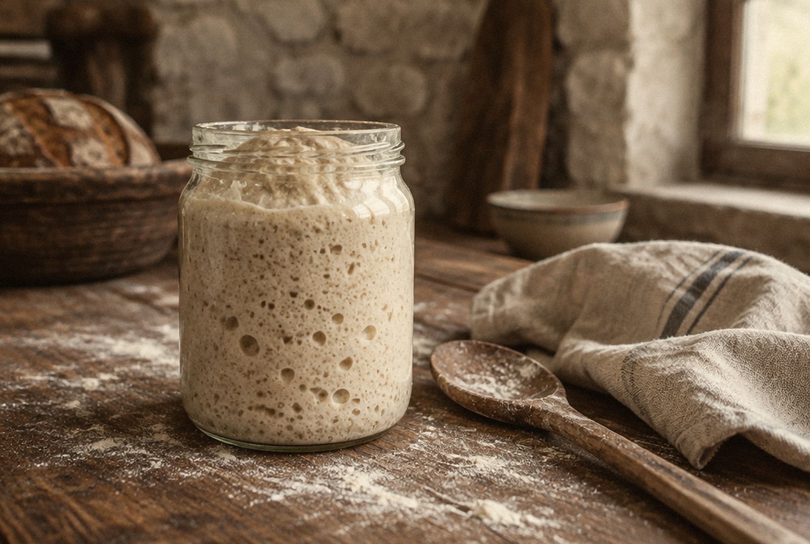 Un bocal de levain actif, plein de bulles, sur la table farinée
