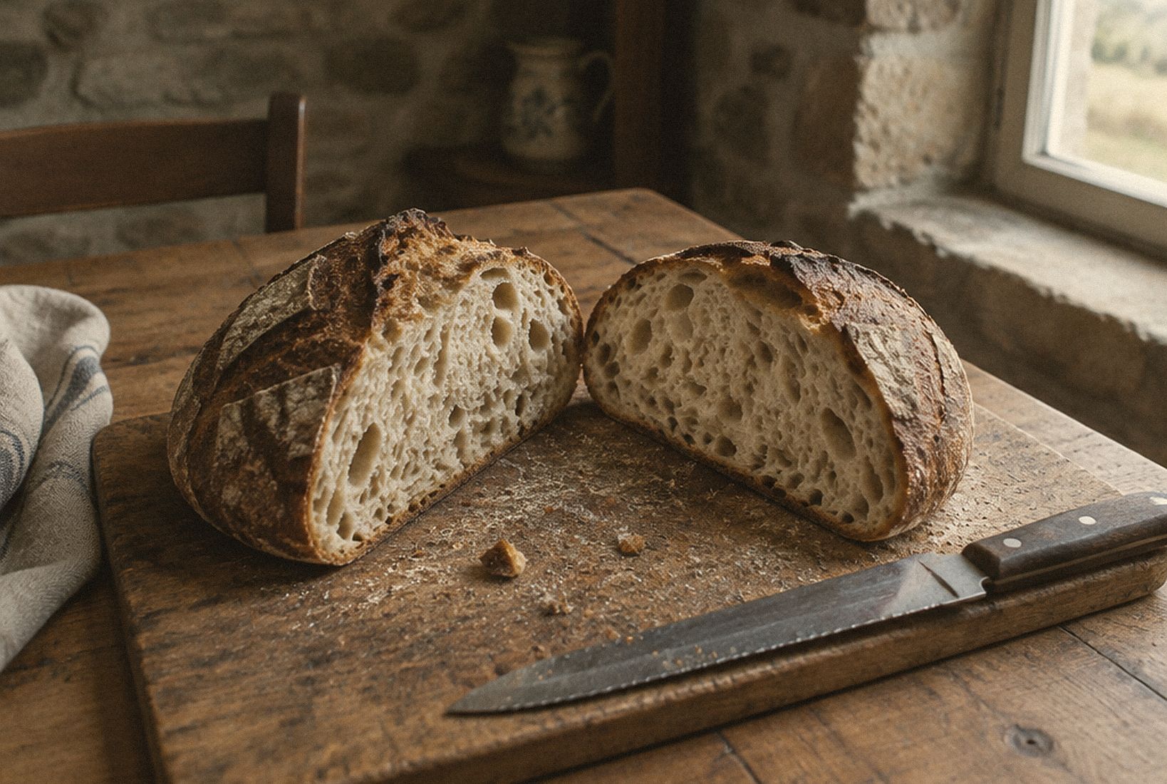 Un pain au levain coupé en deux sur une planche, mie ouverte et croûte épaisse