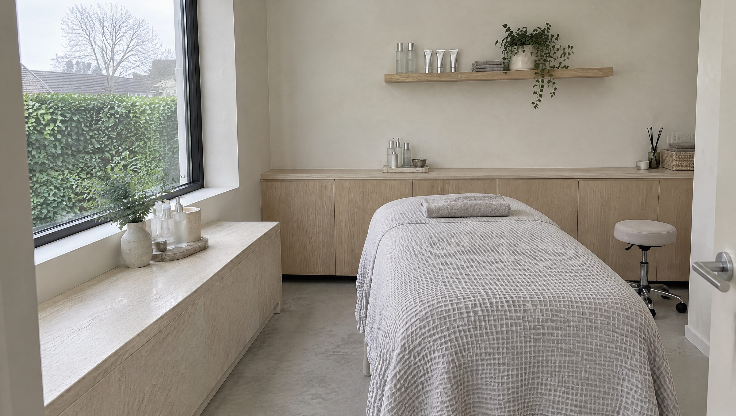 La cabine vide le matin : table de soin recouverte d'une couverture gaufrée, murs à la chaux, meubles en chêne clair, grande fenêtre sur une haie.