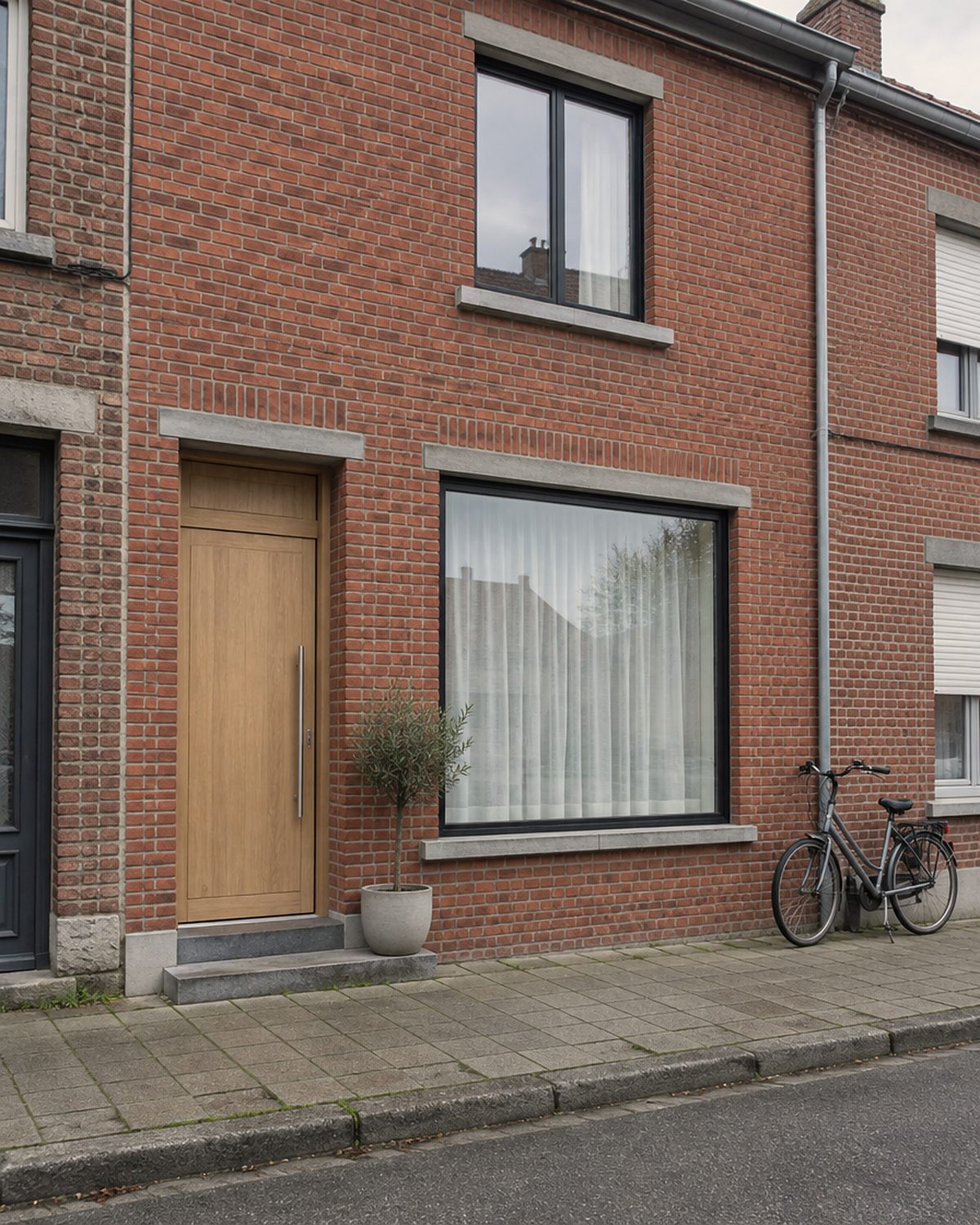 Façade d'une maison mitoyenne en brique rénovée à Jambes, porte en chêne clair, olivier en pot et vélo garé.