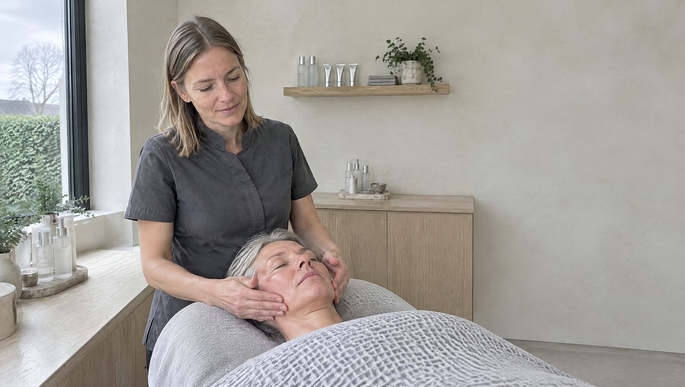 L'esthéticienne, debout à la tête de la table, masse le visage d'une cliente aux cheveux gris allongée sous une couverture gaufrée, dans une cabine aux murs clairs.