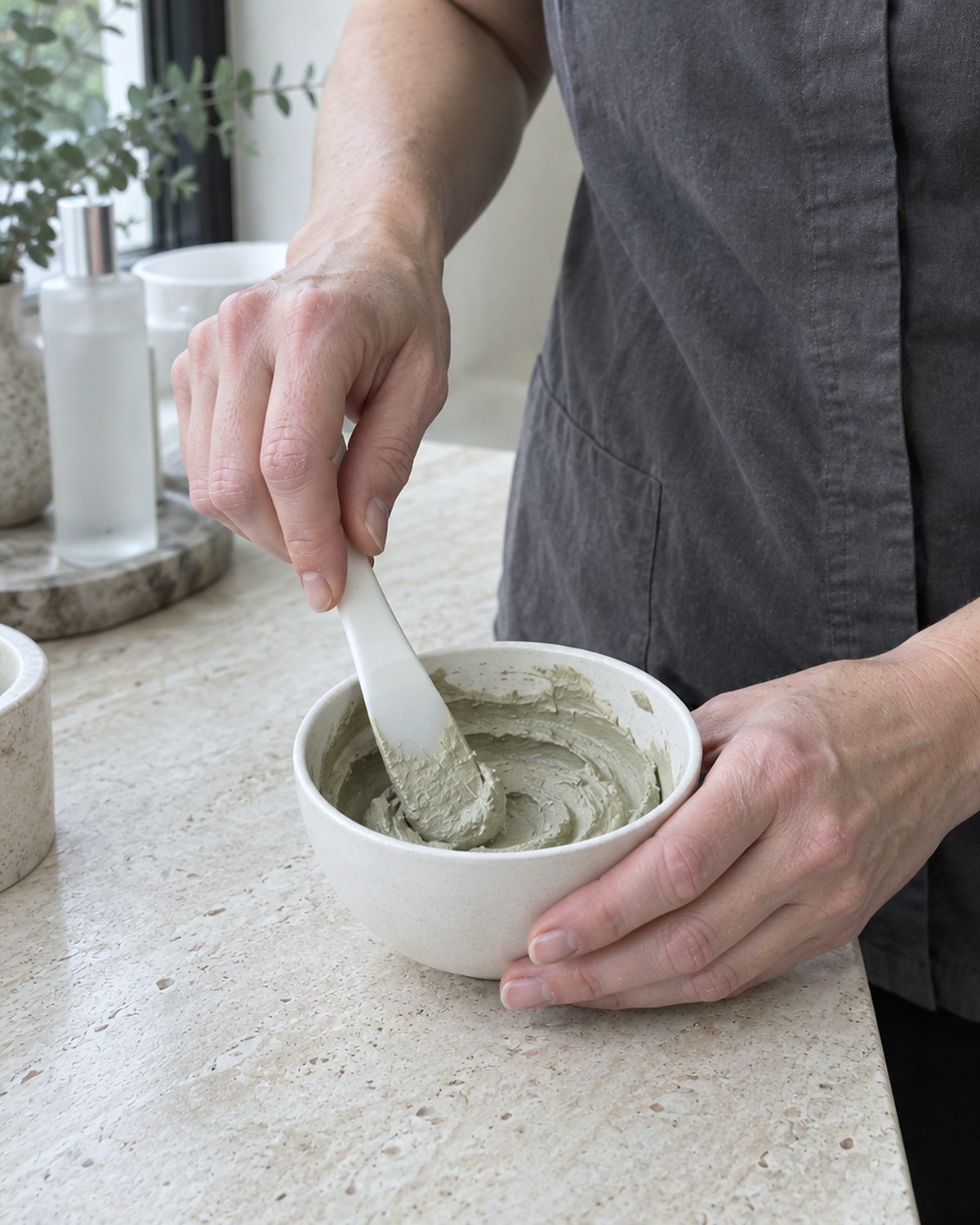 Les mains de l'esthéticienne mélangent un masque à l'argile verte dans un bol en céramique blanche, sur le plan en travertin.