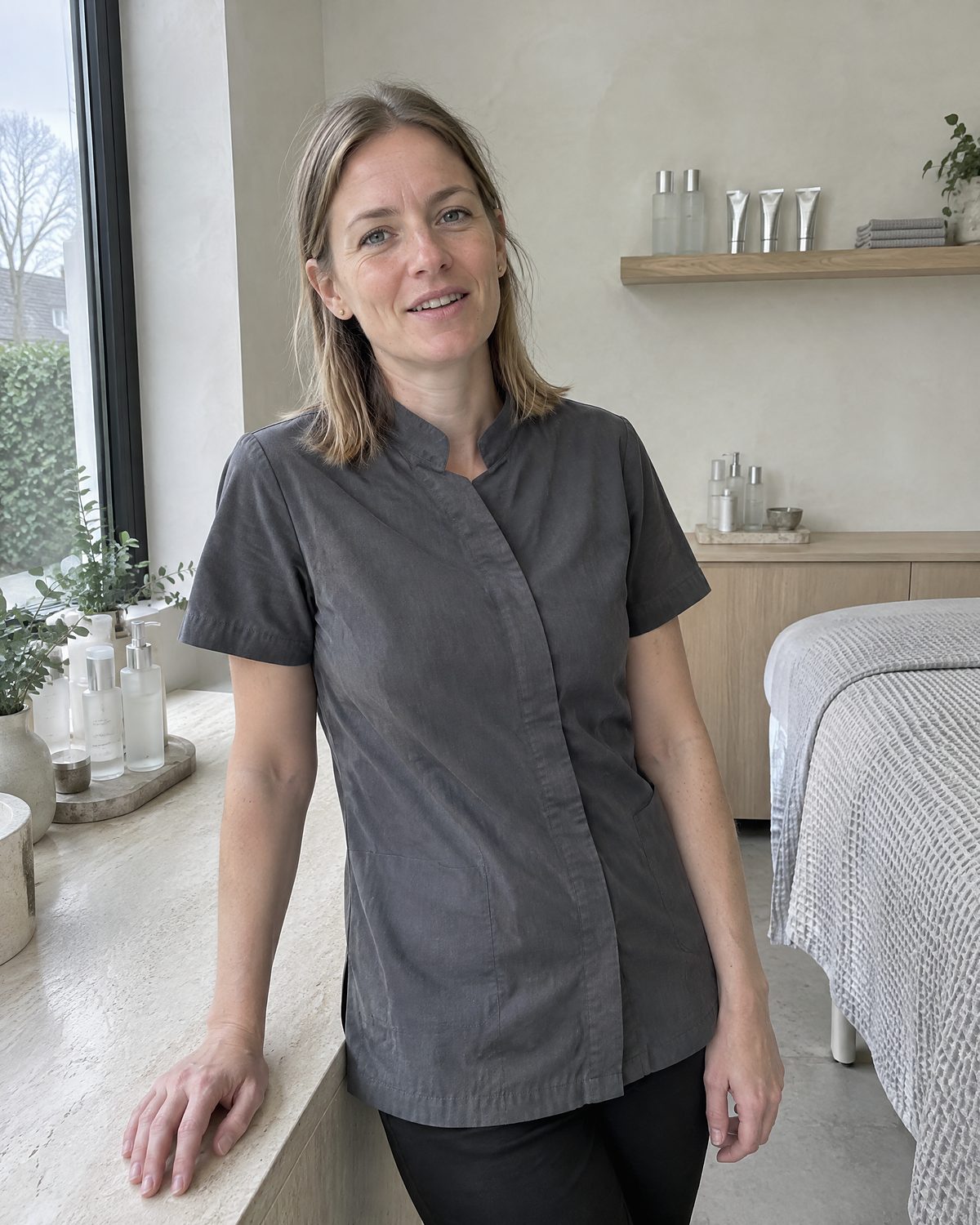 Mona, l'esthéticienne, appuyée contre le plan de travail en travertin de sa cabine, en tunique grise.