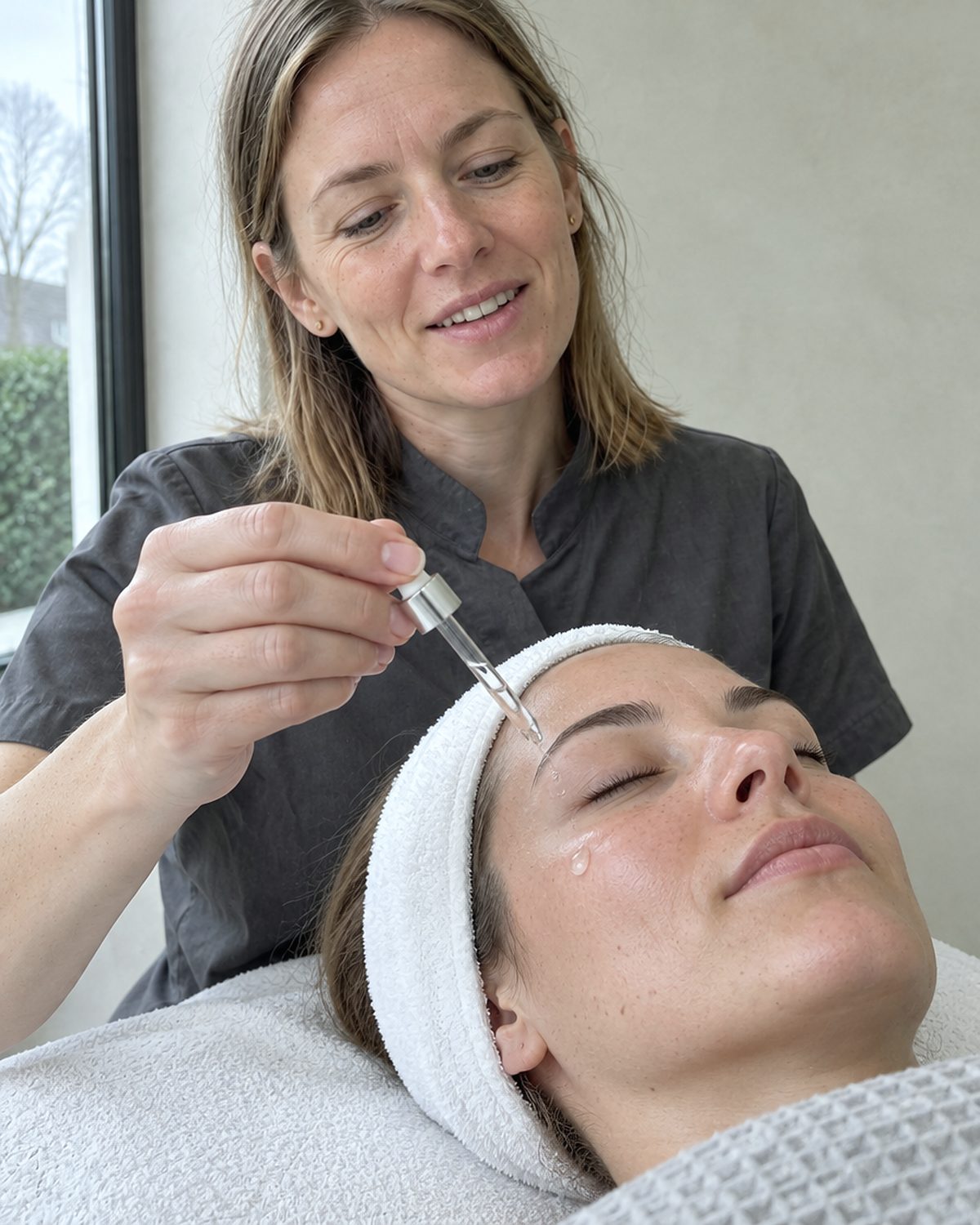 L'esthéticienne dépose deux gouttes de sérum à la pipette sur le front d'une cliente allongée, bandeau blanc dans les cheveux.